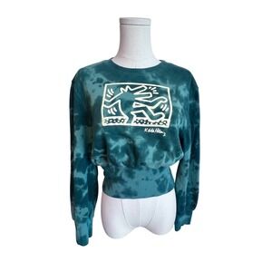 Keith Haring Green Tie Dye Graphic Sweatshirt Cropped Crewneck Large